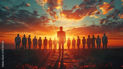 Silhouetted Professionals Emerge into the Vibrant Sunset a Vision of Teamwork and Corporate Success