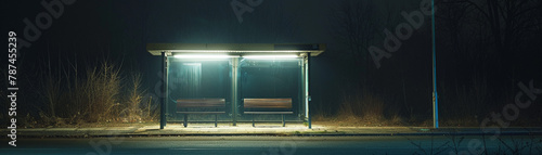 A single light illuminates an isolated bus stop during a quiet night, creating a stark contrast with the surrounding darkness photo