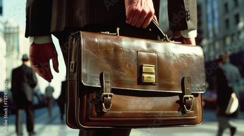 A closeup of a businessmans briefcaseclutching hands showcasing the hustle and bustle of corporate city life. . photo