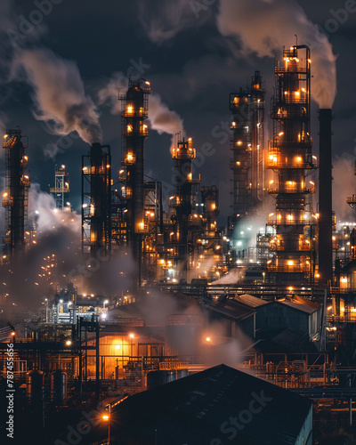 An industrial landscape at night, where the lights of a refinery paint a picture of continuous production