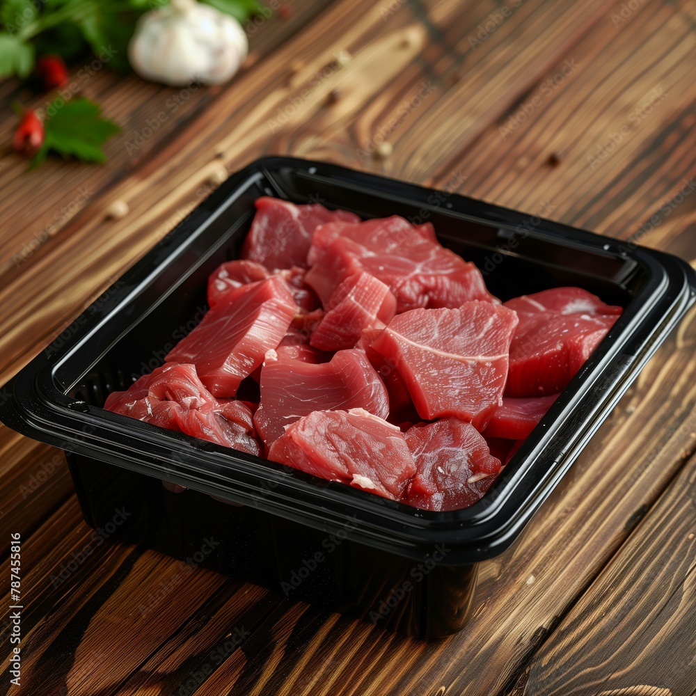 Fresh Tuna Steaks in Packaging on Wooden Table