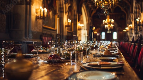 Dine like royalty in the castles grand dining hall feasting on sumptuous dishes prepared with local seasonal ingredients. 2d flat cartoon.