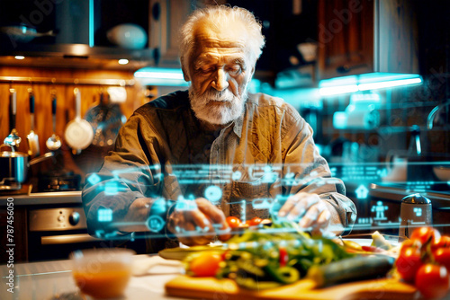 Senior man cooks using artificial intelligence. AI finds recipes and shows them in the form of a hologram. AI assistance in everyday life