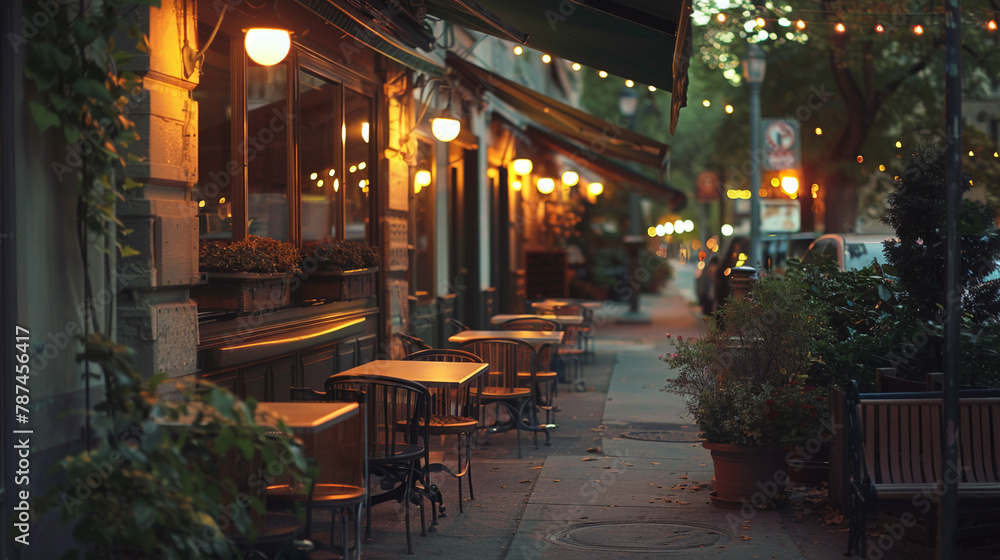 Evening at a peaceful sidewalk cafe, the green awning casting gentle shadows in the tranquil setting