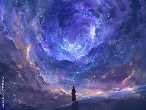 Ethereal cosmos scene, where stardust swirls around a mystical silhouette under the vast universe