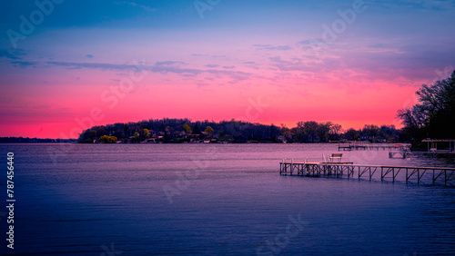 Sunrise Landscape with island and dock at the Lake Monona in Madison, Wisconsin, USA photo