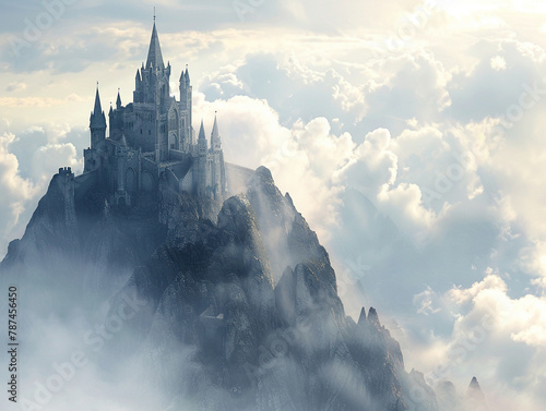Fantasy castle on a mountain  its majestic silhouette framed by clouds  a scene pulled from a storybook
