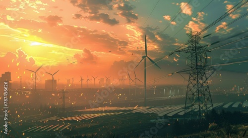 An illustrative composition that integrates wind turbines, solar panels, and electricity pylons
