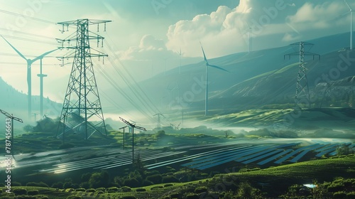 An illustrative composition that integrates wind turbines, solar panels, and electricity pylons