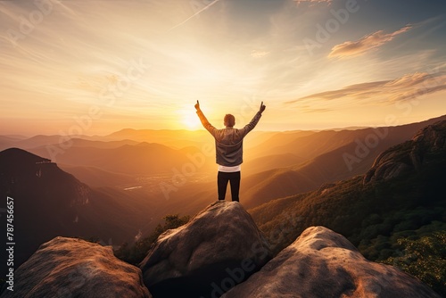 A joyous person proudly showcasing their journey to achieving a goal, radiating happiness and fulfillment. Capturing the essence of accomplishment and celebration photo