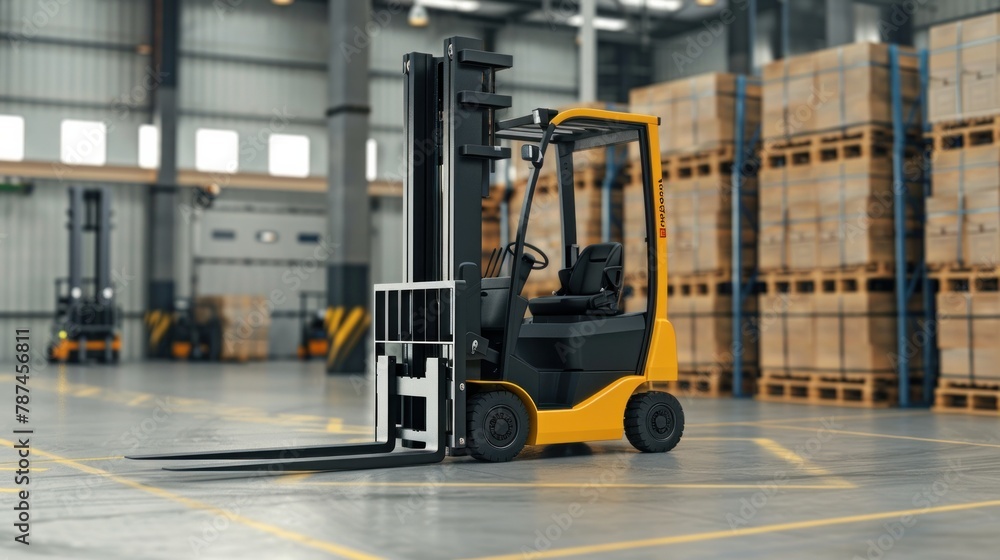 A dynamic image showcasing a forklift truck transporting cargo along a road A dynamic image showcasing a forklift truck transporting cargo along a road