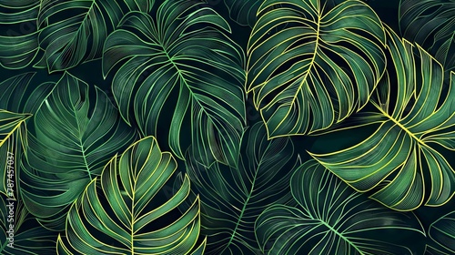 Abstract foliage and botanical background. Green tropical forest wallpaper of monstera leaves, palm leaf, branches in hand drawn pattern. Exotic plants background for banner, prints, decor, wall art. photo