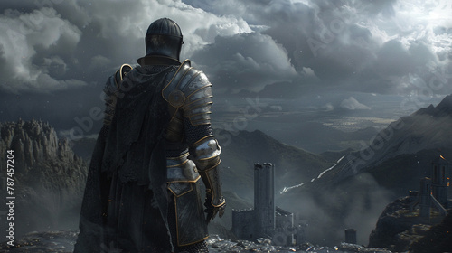 Majestic view of a warrior clad in gleaming armor, set against a dark and ominous landscape