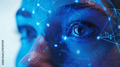 Closeup of a face in front of a facial recognition device utilizing biometric ysis to authenticate and access personal health information. .