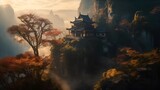 Chinese house. A Chinese house in the mountains. Mountains. Sakura. Traditional Chinese aesthetics harmonized with natural beauty.