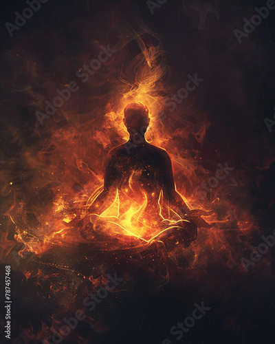 Mystical meditation, a person enveloped in a glowing fire aura, illustrating deep spiritual connection