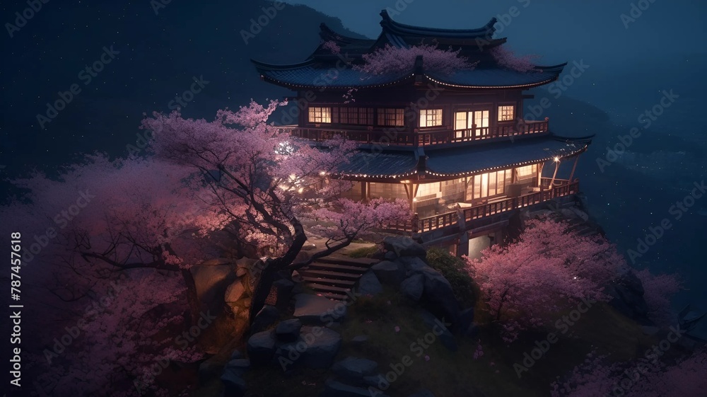 Obraz premium Chinese house. A Chinese house in the mountains. Mountains. Sakura. Traditional Chinese aesthetics harmonized with natural beauty.