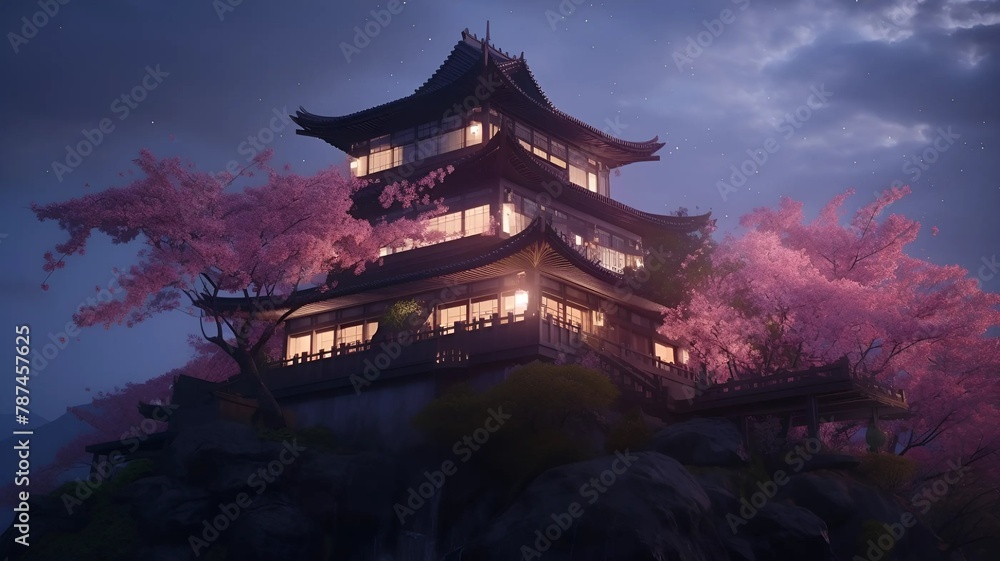 Chinese house. A Chinese house in the mountains. Mountains. Sakura. Traditional Chinese aesthetics harmonized with natural beauty. Chinese house. A Chinese house in the mountains. Mountains. Sakura. Traditional Chinese aesthetics harmonized with natural beauty.