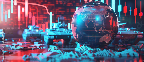 Stylized 3D vector illustration of a globe cracked open with stock market graphs falling, war tanks in the background, photo