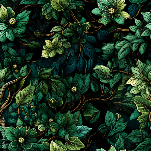 Floral seamless pattern with branches, leaves, flowers on a black background.