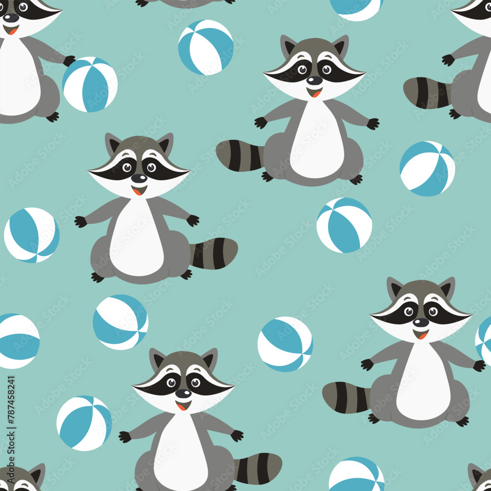 Obraz premium Vector seamless repeating childish pattern with cute raccoon in doodle style. Animals background for invitation, poster, card, flyer, textile, fabric