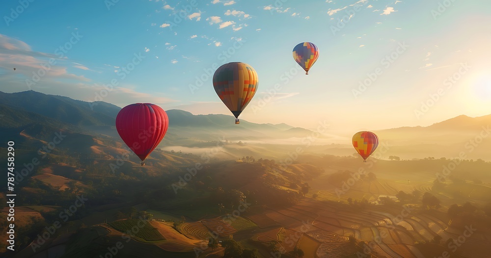 Colorful hot air balloons flying over the mountains at sunrise in Phu K hammer