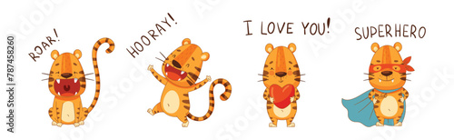 Funny Tiger Predator Jungle Animal with Striped Coat Engaged in Different Activity Vector Set