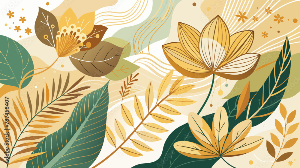 golden line art flower and botanical leaves golden line art flower and botanical leaves
