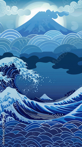 3D vector of an abstract Japanese wave pattern with Mount Fuji silhouettes, minimalist blue gradients, © elbanco