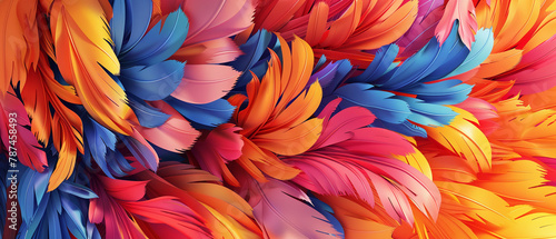 Dynamic 3D vector illustration of Brazilian carnival feathers in vibrant, swirling colors, festive vibes, photo