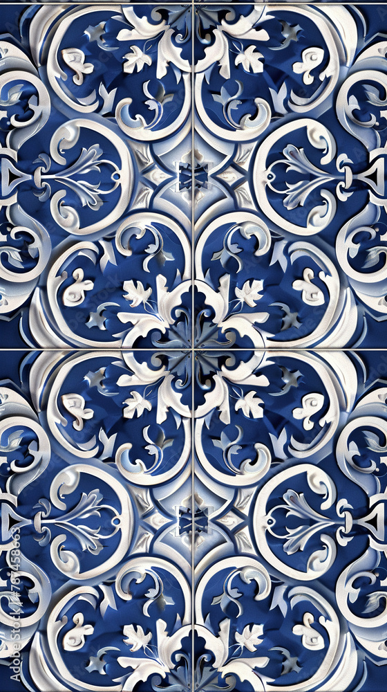 Stylized 3D vector illustration of a Greek Mediterranean tile pattern, deep blues and crisp whites,