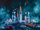 Ending the grip of drug addiction: an image featuring a syringe, cigarette, and pills, all marked with prohibition signs, set against a dark background