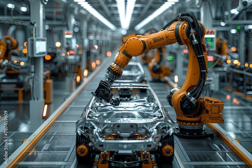 A car factory production line with robotic arms, a high-tech and futuristic atmosphere, a wide-angle lens capturing the entire workshop, modern design elements. Generative AI