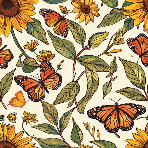 A butterfly and flower pattern with a yellow background