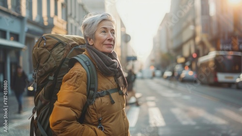 A woman with a backpack and scarf stands on a city street