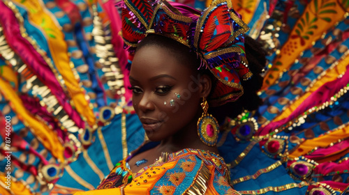 This portrait features a stunning black woman in a vibrant and ornate carnival costume her body in motion as she gracefully dances to the music. The patterns and colors of her outfit .