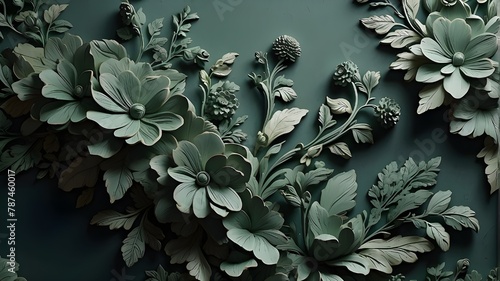 A photorealistic representation of a dark green decorative texture of a plaster wall adorned with volumetric decorative flowers, capturing the intricate details and depth of the texture. photo