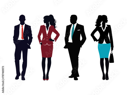 Set of Silhouettes of businesswomen and businessmen, female and male model wearing official suits and standing in different positions