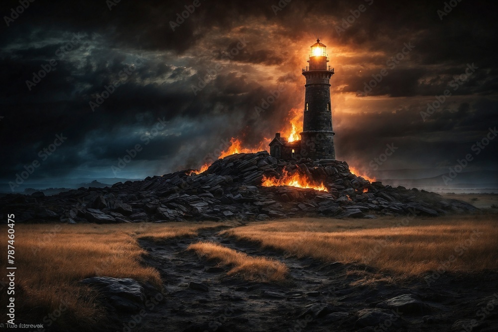 A lighthouse is on fire in a desolate landscape