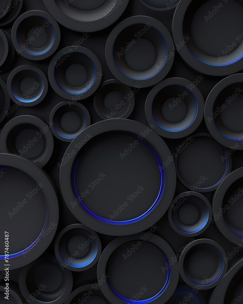 3D black background with dark blue neon circles, dark grey and light gray color theme, wallpaper, simple shapes of circles 3D black background with dark blue neon circles, dark grey and light gray color theme, wallpaper, simple shapes of circles