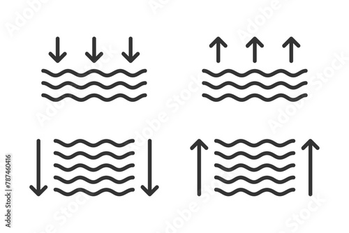 Low and High tide silhouette line icon set. Linear water depth icon with arrows.