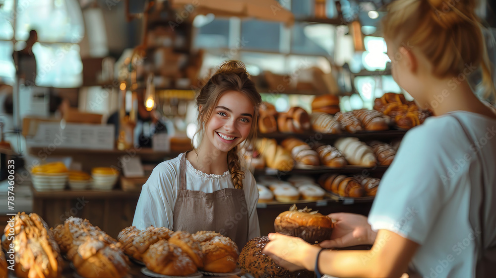 A smiling female baker who is also a shop owner. She offers exemplary customer service when handing over a customer's order at her retail store.