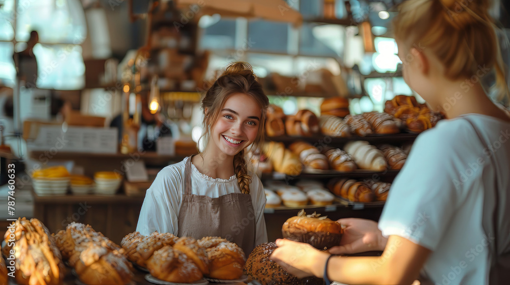 A smiling female baker who is also a shop owner. She offers exemplary customer service when handing over a customer's order at her retail store. A smiling female baker who is also a shop owner. She offers exemplary customer service when handing over a customer's order at her retail store.