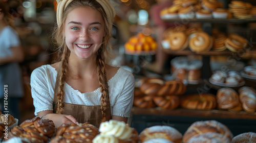 A smiling female baker who is also a shop owner. She offers exemplary customer service when handing over a customer's order at her retail store. photo