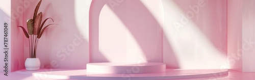 A pink room with a white wall and a pink archway
