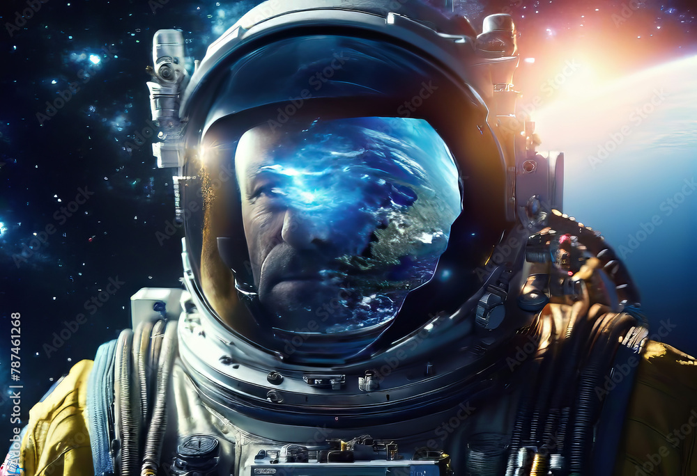 Fototapeta premium portrait of an astronaut in a spacesuit during a spacewalk, advanced space technology, space exploration, space and Earth background,