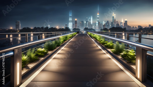 Wide pedestrian metal bridge with good lighting of the path at night, night city scenes,