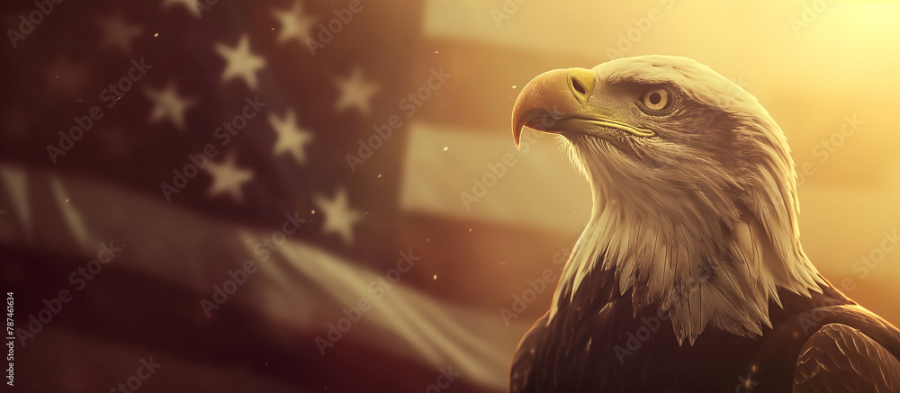 A patriotic banner depicting a majestic eagle against the American flag, with sunlight softly highlighting the emblem. Memorial Day, Independence Day , with copy space - obrazy, fototapety, plakaty 
