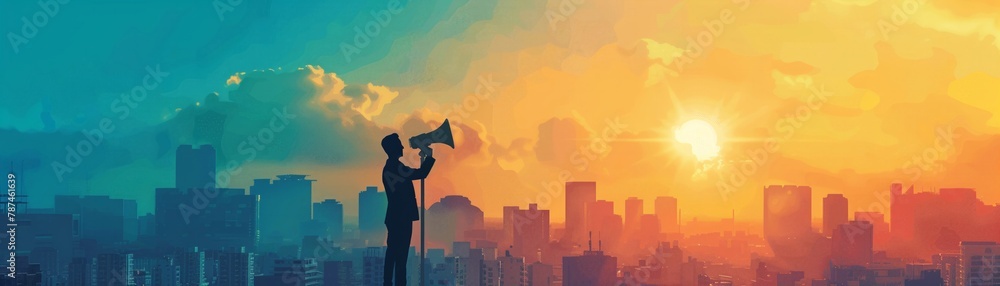 A leader standing on a city rooftop with a megaphone, broadcasting innovative ideas to a crowd below, symbolizing inspiration and communication