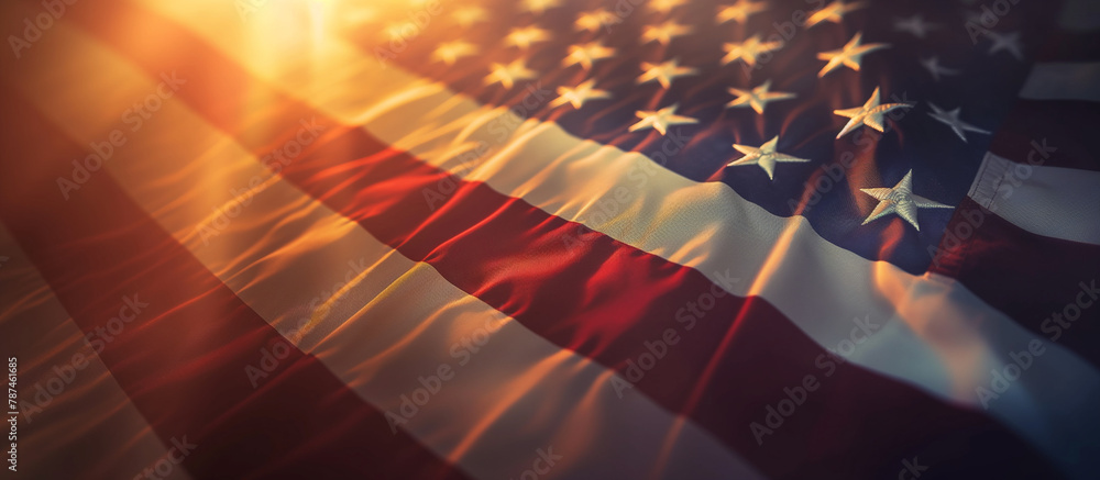 A draped American flag on a banner, catching the morning light to create a vibrant and respectful display for Memorial Day. Memorial Day, Independence Day , with copy space - obrazy, fototapety, plakaty 